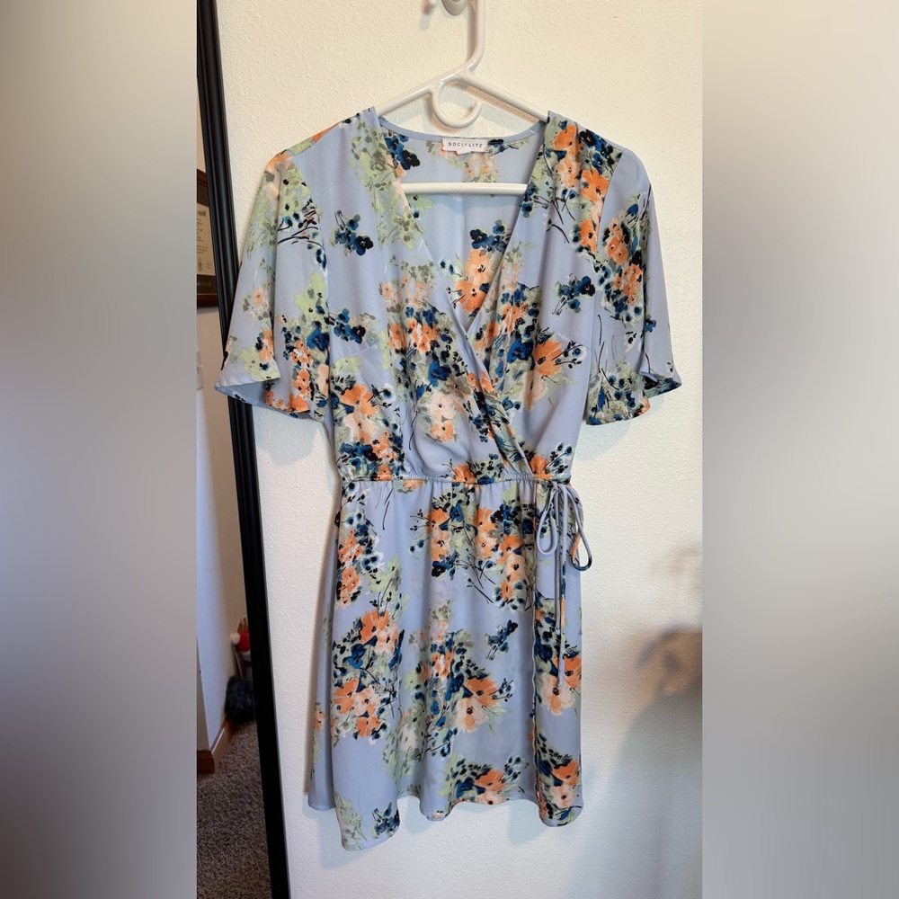 Socialite Blue Floral Mini Wrap Dress